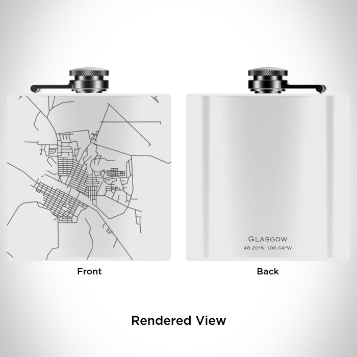 Rendered View of Glasgow Montana Map Engraving on 6oz Stainless Steel Flask in White