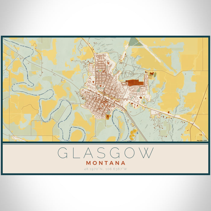 Glasgow Montana Map Print Landscape Orientation in Woodblock Style With Shaded Background