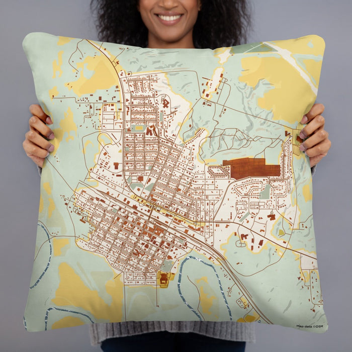 Person holding 22x22 Custom Glasgow Montana Map Throw Pillow in Woodblock