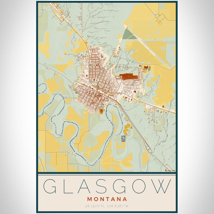 Glasgow Montana Map Print Portrait Orientation in Woodblock Style With Shaded Background