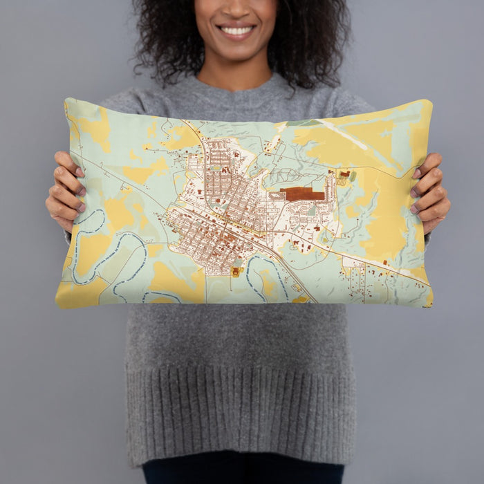 Person holding 20x12 Custom Glasgow Montana Map Throw Pillow in Woodblock