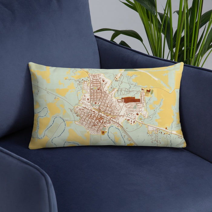 Custom Glasgow Montana Map Throw Pillow in Woodblock on Blue Colored Chair
