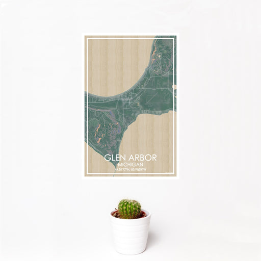 12x18 Glen Arbor Michigan Map Print Portrait Orientation in Afternoon Style With Small Cactus Plant in White Planter