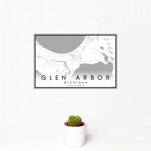 12x18 Glen Arbor Michigan Map Print Landscape Orientation in Classic Style With Small Cactus Plant in White Planter