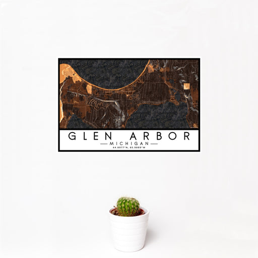 12x18 Glen Arbor Michigan Map Print Landscape Orientation in Ember Style With Small Cactus Plant in White Planter