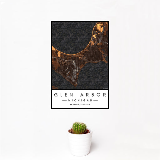 12x18 Glen Arbor Michigan Map Print Portrait Orientation in Ember Style With Small Cactus Plant in White Planter