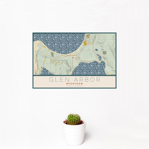 12x18 Glen Arbor Michigan Map Print Landscape Orientation in Woodblock Style With Small Cactus Plant in White Planter