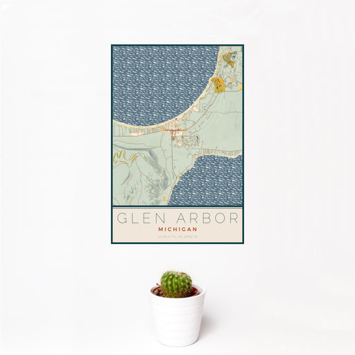 12x18 Glen Arbor Michigan Map Print Portrait Orientation in Woodblock Style With Small Cactus Plant in White Planter