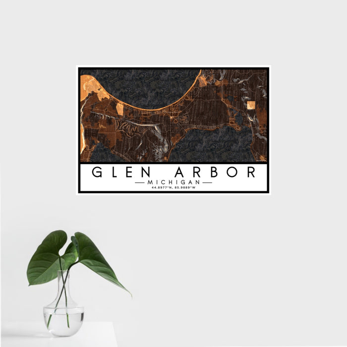 16x24 Glen Arbor Michigan Map Print Landscape Orientation in Ember Style With Tropical Plant Leaves in Water