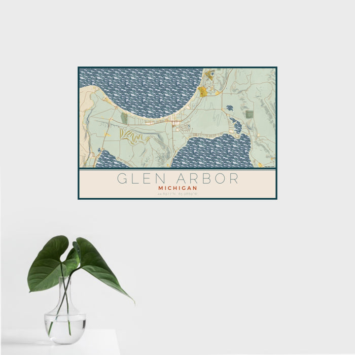 16x24 Glen Arbor Michigan Map Print Landscape Orientation in Woodblock Style With Tropical Plant Leaves in Water