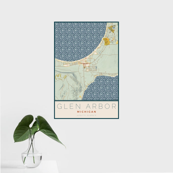 16x24 Glen Arbor Michigan Map Print Portrait Orientation in Woodblock Style With Tropical Plant Leaves in Water