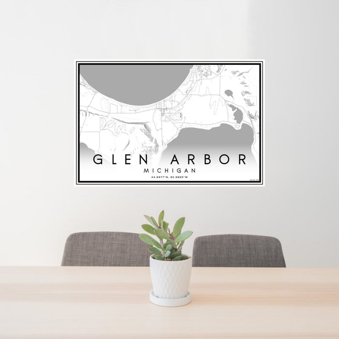 24x36 Glen Arbor Michigan Map Print Lanscape Orientation in Classic Style Behind 2 Chairs Table and Potted Plant