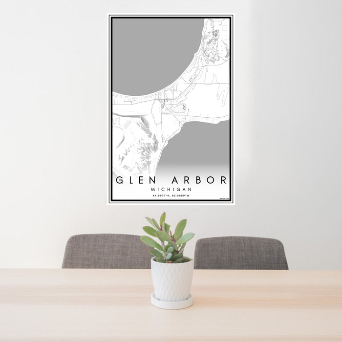 24x36 Glen Arbor Michigan Map Print Portrait Orientation in Classic Style Behind 2 Chairs Table and Potted Plant