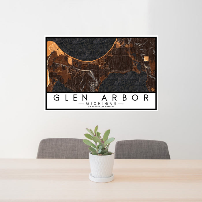 24x36 Glen Arbor Michigan Map Print Lanscape Orientation in Ember Style Behind 2 Chairs Table and Potted Plant