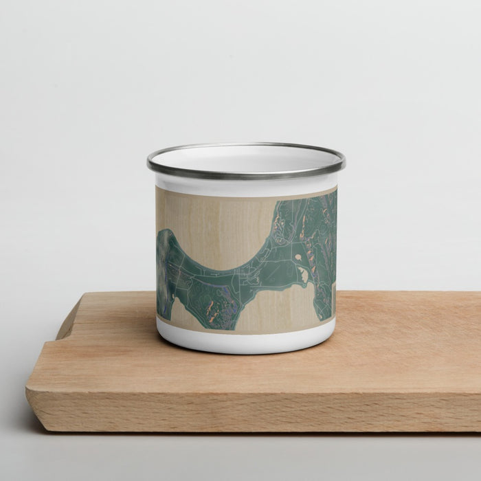 Front View Custom Glen Arbor Michigan Map Enamel Mug in Afternoon on Cutting Board
