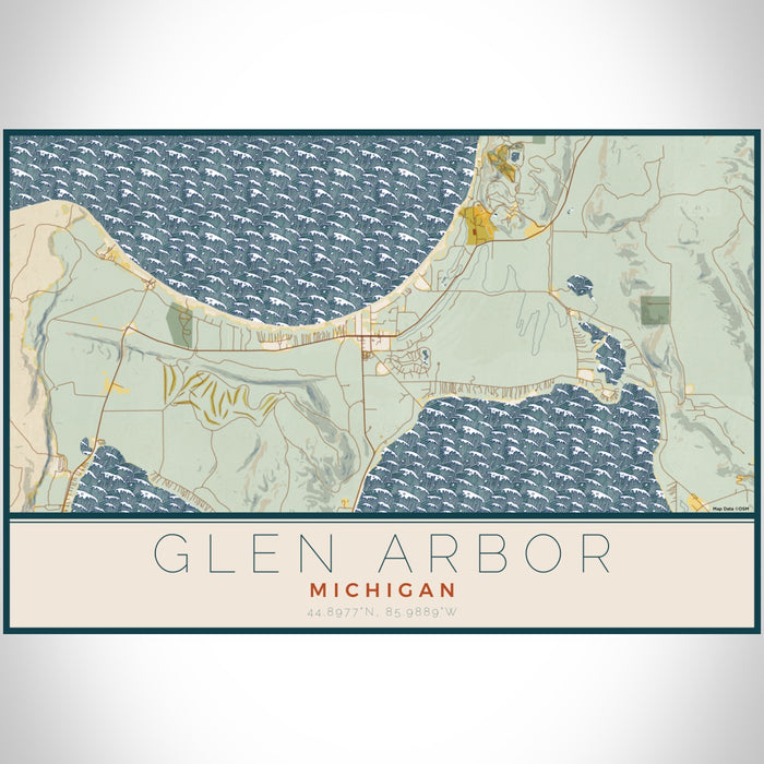 Glen Arbor Michigan Map Print Landscape Orientation in Woodblock Style With Shaded Background
