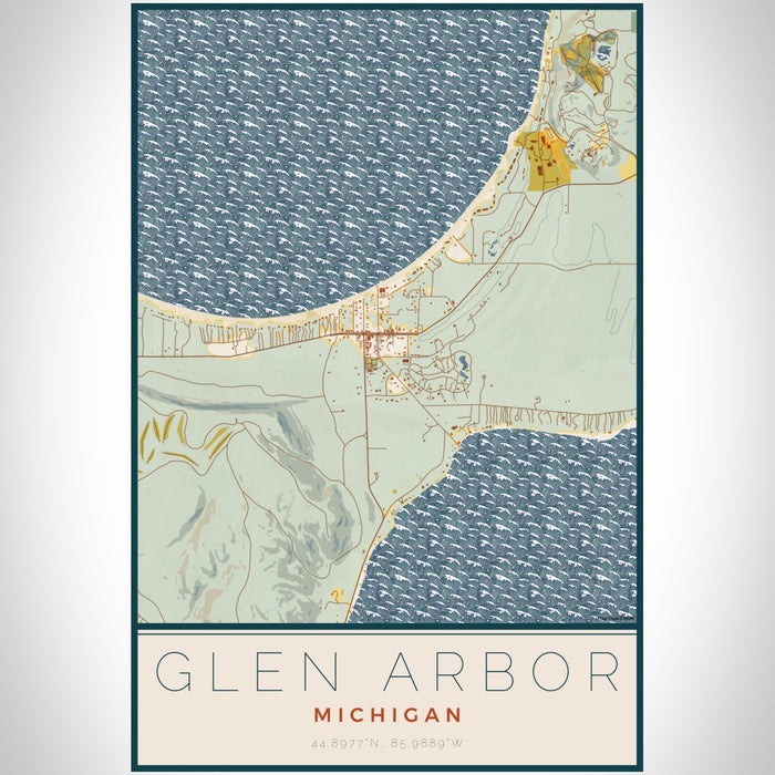 Glen Arbor Michigan Map Print Portrait Orientation in Woodblock Style With Shaded Background