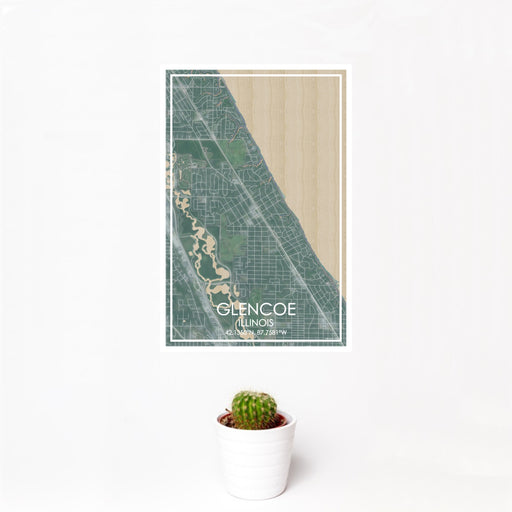12x18 Glencoe Illinois Map Print Portrait Orientation in Afternoon Style With Small Cactus Plant in White Planter