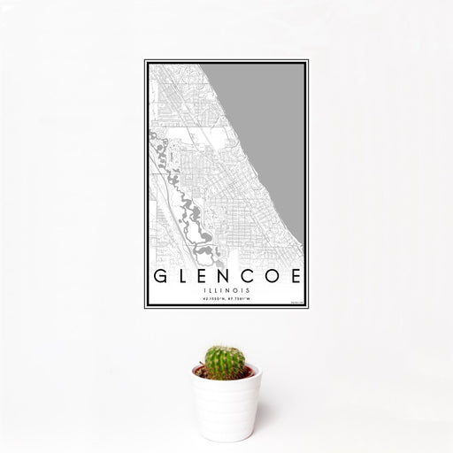 12x18 Glencoe Illinois Map Print Portrait Orientation in Classic Style With Small Cactus Plant in White Planter