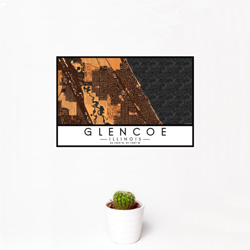 12x18 Glencoe Illinois Map Print Landscape Orientation in Ember Style With Small Cactus Plant in White Planter