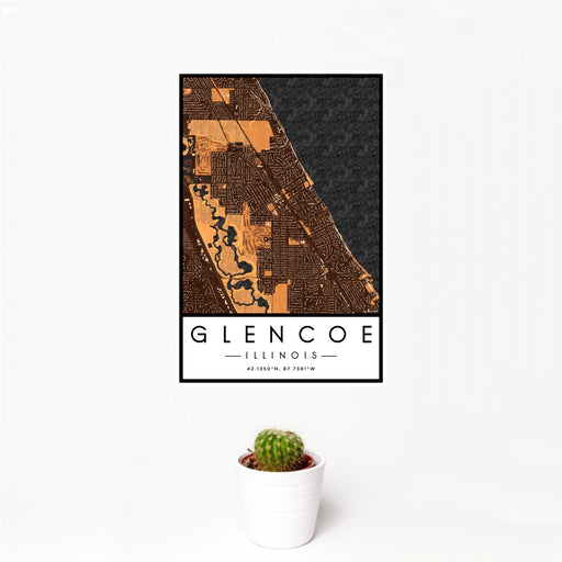 12x18 Glencoe Illinois Map Print Portrait Orientation in Ember Style With Small Cactus Plant in White Planter