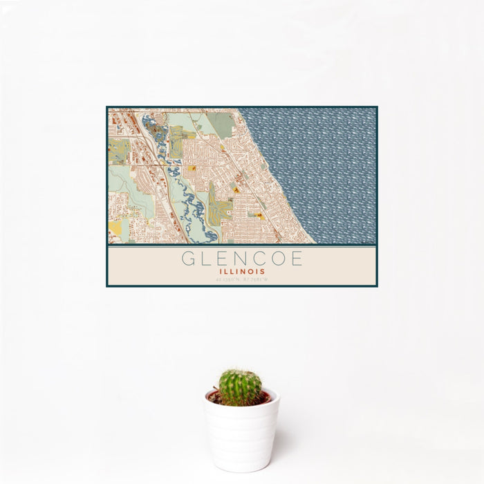 12x18 Glencoe Illinois Map Print Landscape Orientation in Woodblock Style With Small Cactus Plant in White Planter