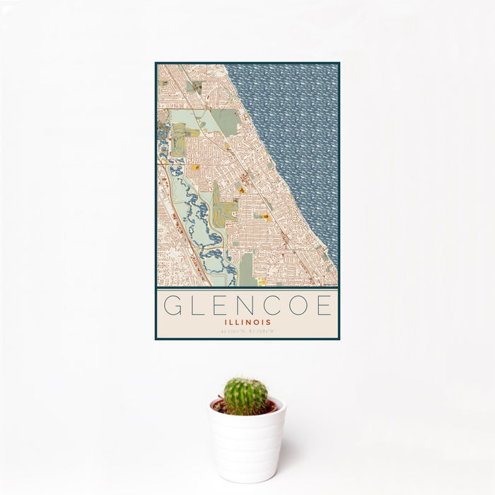 12x18 Glencoe Illinois Map Print Portrait Orientation in Woodblock Style With Small Cactus Plant in White Planter
