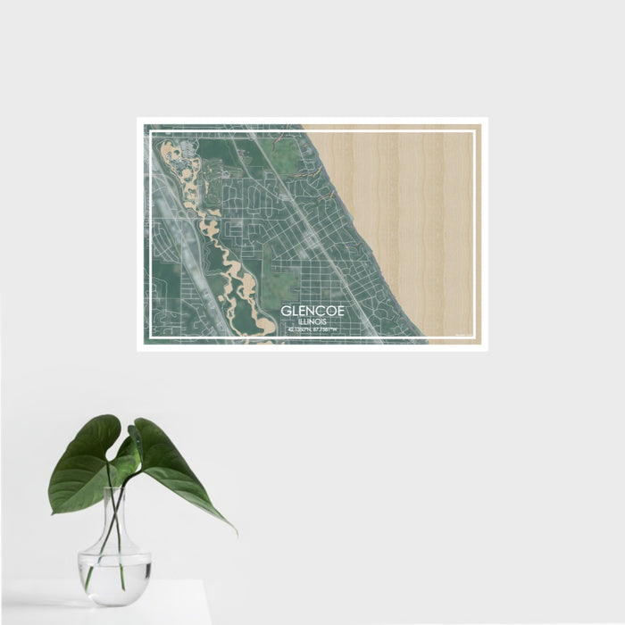 16x24 Glencoe Illinois Map Print Landscape Orientation in Afternoon Style With Tropical Plant Leaves in Water