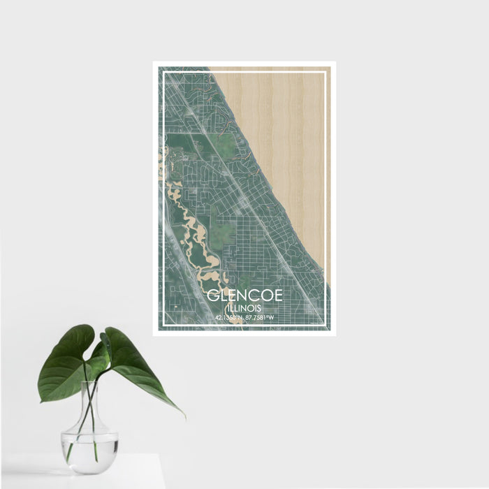 16x24 Glencoe Illinois Map Print Portrait Orientation in Afternoon Style With Tropical Plant Leaves in Water