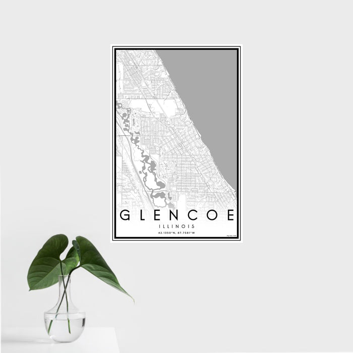 16x24 Glencoe Illinois Map Print Portrait Orientation in Classic Style With Tropical Plant Leaves in Water