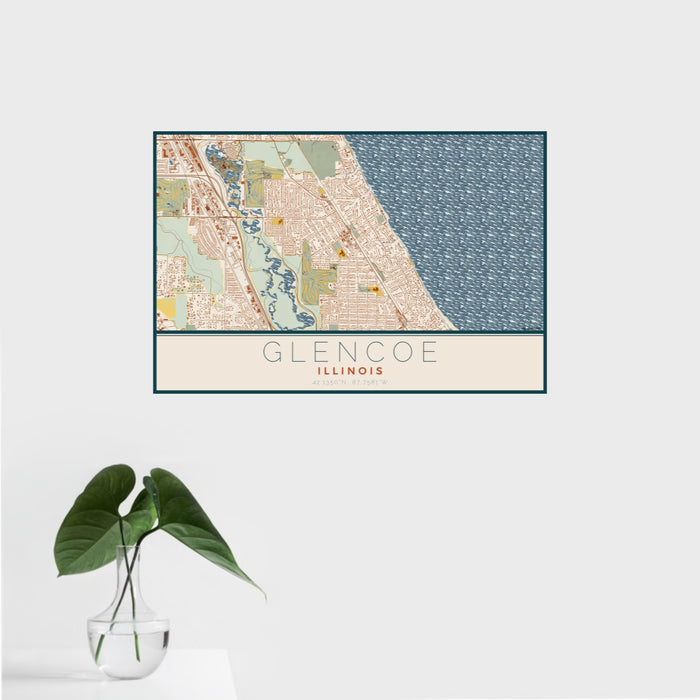 16x24 Glencoe Illinois Map Print Landscape Orientation in Woodblock Style With Tropical Plant Leaves in Water