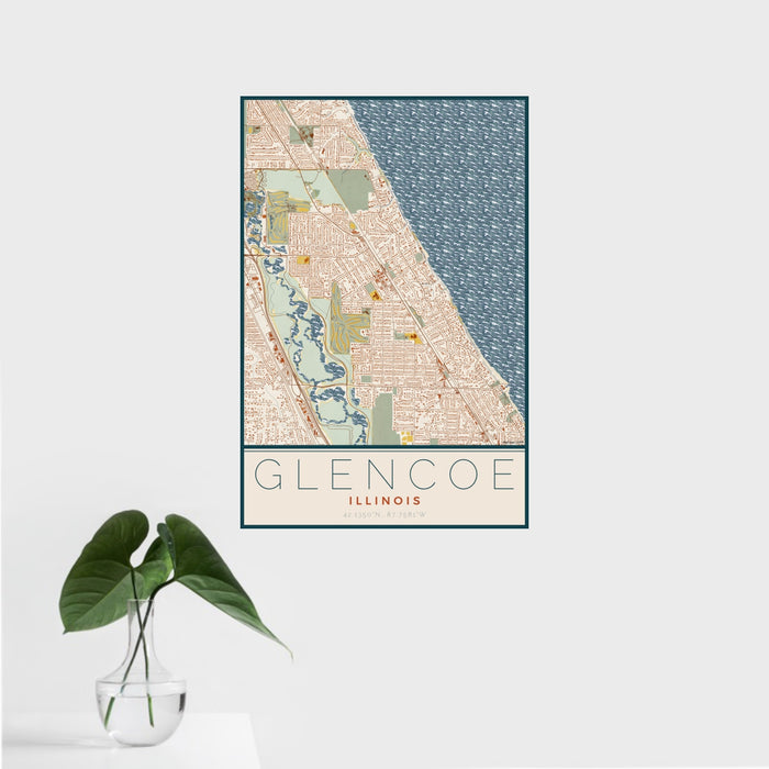 16x24 Glencoe Illinois Map Print Portrait Orientation in Woodblock Style With Tropical Plant Leaves in Water