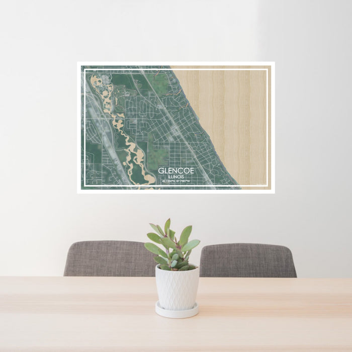 24x36 Glencoe Illinois Map Print Lanscape Orientation in Afternoon Style Behind 2 Chairs Table and Potted Plant