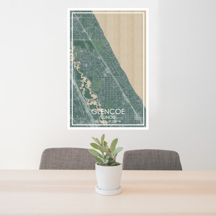 24x36 Glencoe Illinois Map Print Portrait Orientation in Afternoon Style Behind 2 Chairs Table and Potted Plant