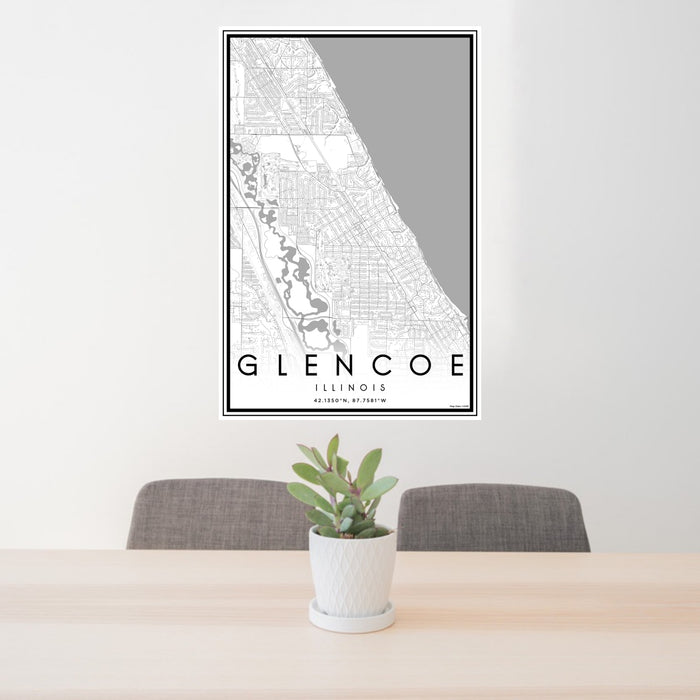 24x36 Glencoe Illinois Map Print Portrait Orientation in Classic Style Behind 2 Chairs Table and Potted Plant