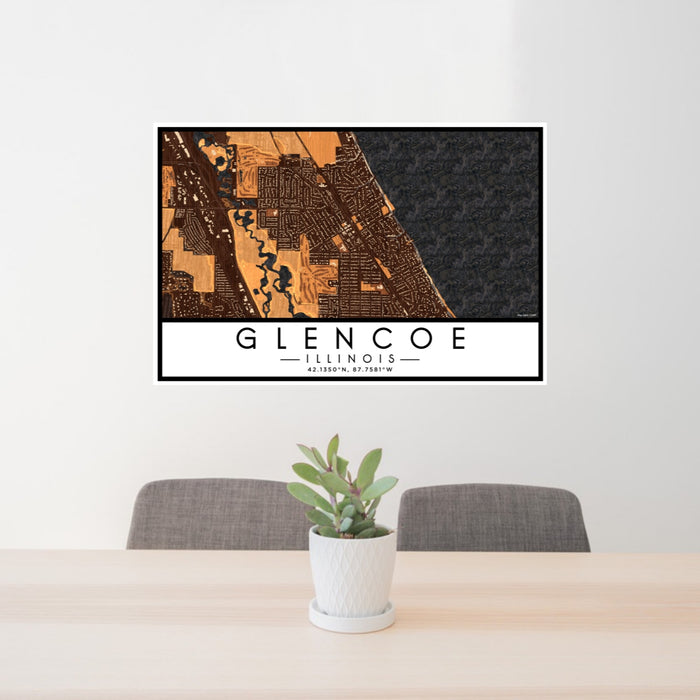 24x36 Glencoe Illinois Map Print Lanscape Orientation in Ember Style Behind 2 Chairs Table and Potted Plant