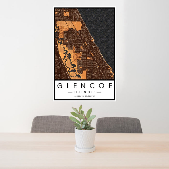 24x36 Glencoe Illinois Map Print Portrait Orientation in Ember Style Behind 2 Chairs Table and Potted Plant