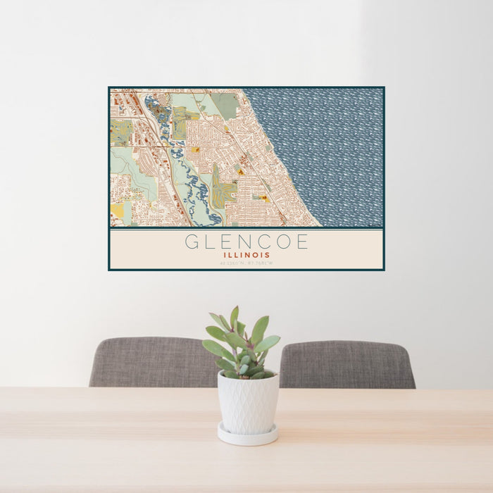 24x36 Glencoe Illinois Map Print Lanscape Orientation in Woodblock Style Behind 2 Chairs Table and Potted Plant