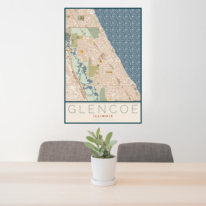 24x36 Glencoe Illinois Map Print Portrait Orientation in Woodblock Style Behind 2 Chairs Table and Potted Plant