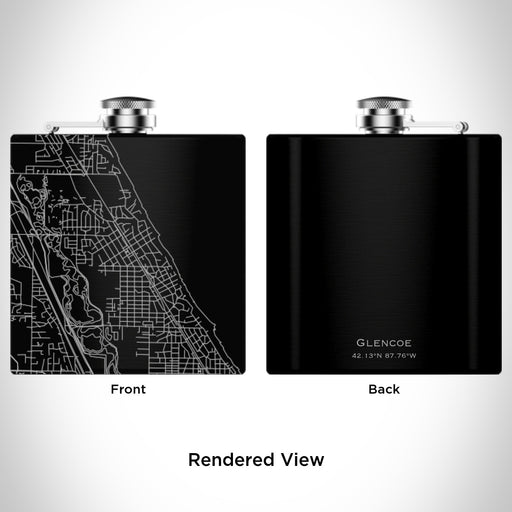 Rendered View of Glencoe Illinois Map Engraving on 6oz Stainless Steel Flask in Black