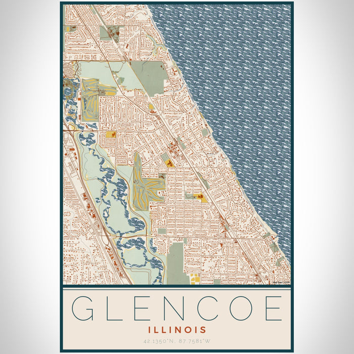 Glencoe Illinois Map Print Portrait Orientation in Woodblock Style With Shaded Background