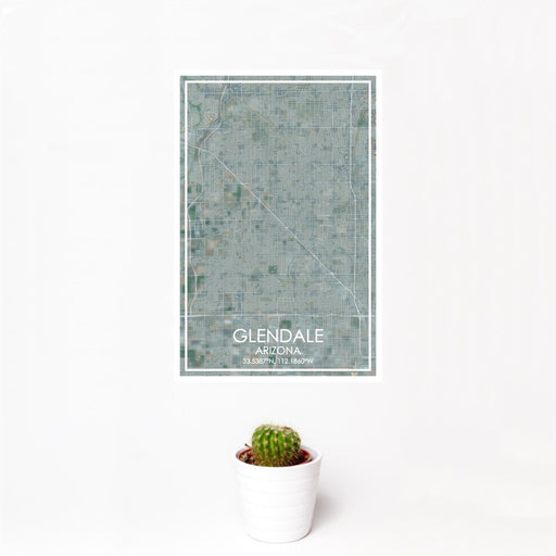 12x18 Glendale Arizona Map Print Portrait Orientation in Afternoon Style With Small Cactus Plant in White Planter