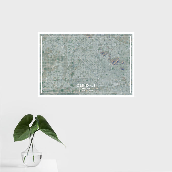 16x24 Glendale Arizona Map Print Landscape Orientation in Afternoon Style With Tropical Plant Leaves in Water