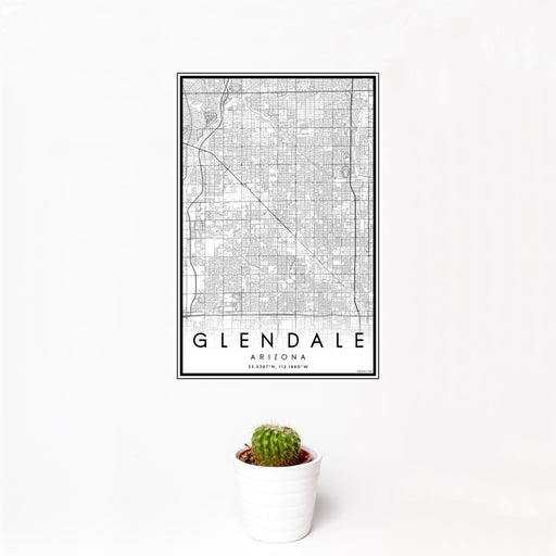 12x18 Glendale Arizona Map Print Portrait Orientation in Classic Style With Small Cactus Plant in White Planter