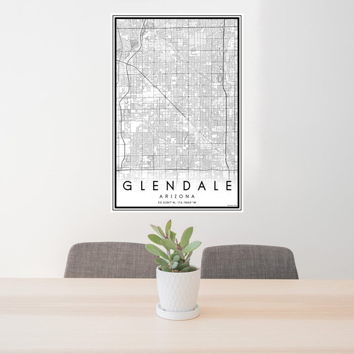 24x36 Glendale Arizona Map Print Portrait Orientation in Classic Style Behind 2 Chairs Table and Potted Plant
