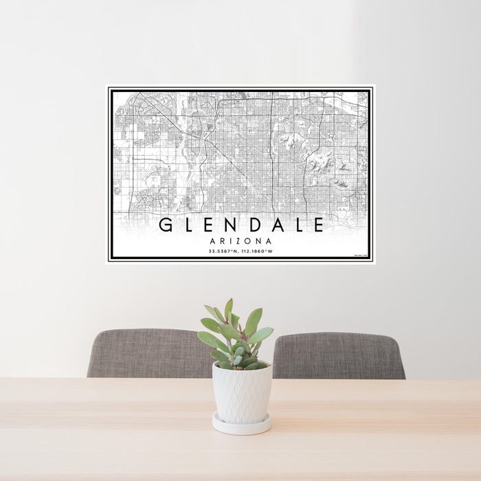 24x36 Glendale Arizona Map Print Landscape Orientation in Classic Style Behind 2 Chairs Table and Potted Plant
