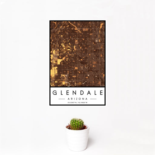 12x18 Glendale Arizona Map Print Portrait Orientation in Ember Style With Small Cactus Plant in White Planter