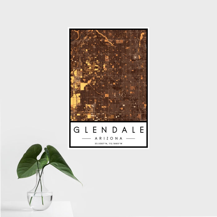16x24 Glendale Arizona Map Print Portrait Orientation in Ember Style With Tropical Plant Leaves in Water