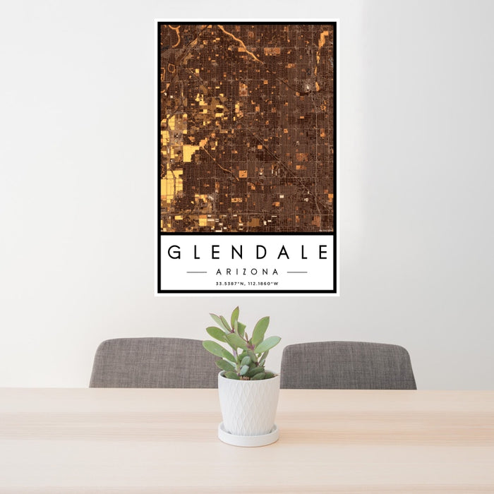 24x36 Glendale Arizona Map Print Portrait Orientation in Ember Style Behind 2 Chairs Table and Potted Plant