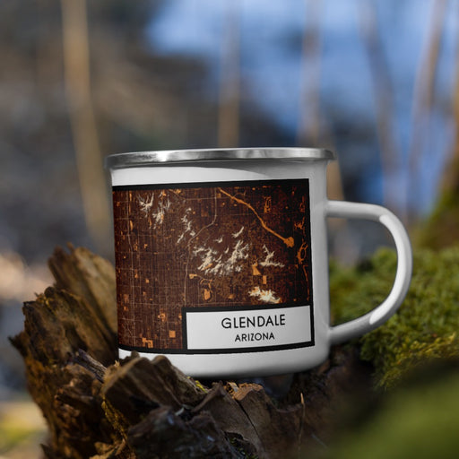 Right View Custom Glendale Arizona Map Enamel Mug in Ember on Grass With Trees in Background